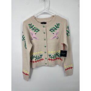 Cynthia Rowley Cardigan Women Small Cream Embroidered Bird Palm Classic Cozy NWT
